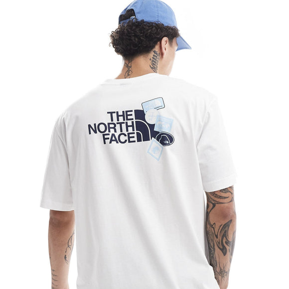 The North Face - Expedition - T-shirt oversize à autocollants imprimés au dos - Blanc et bleu