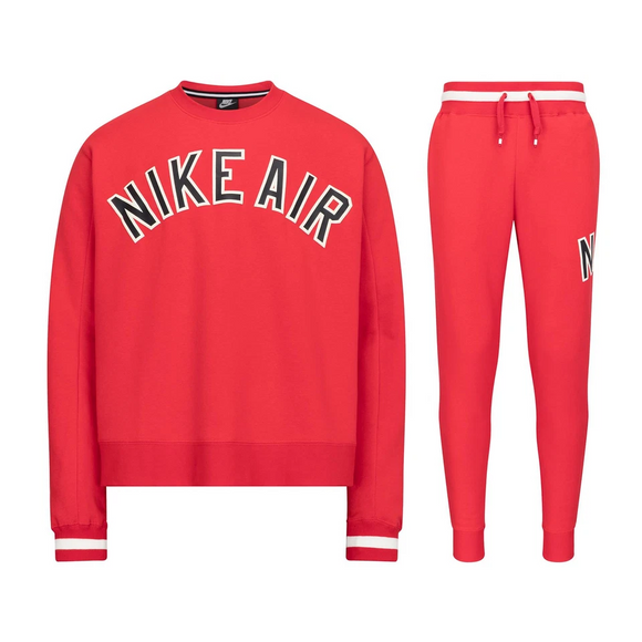 Nike Air Men's Fleece Tracksuit Set Red Crewneck Sweatshirt & Joggers Bold Logo