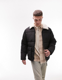 Topman puffer with sherpa collar in black ShopStyle Jackets