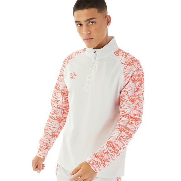 Umbro Mens Alliance Graphic 1/4 Zip Top Nimbus Cloud/Fiery Coral